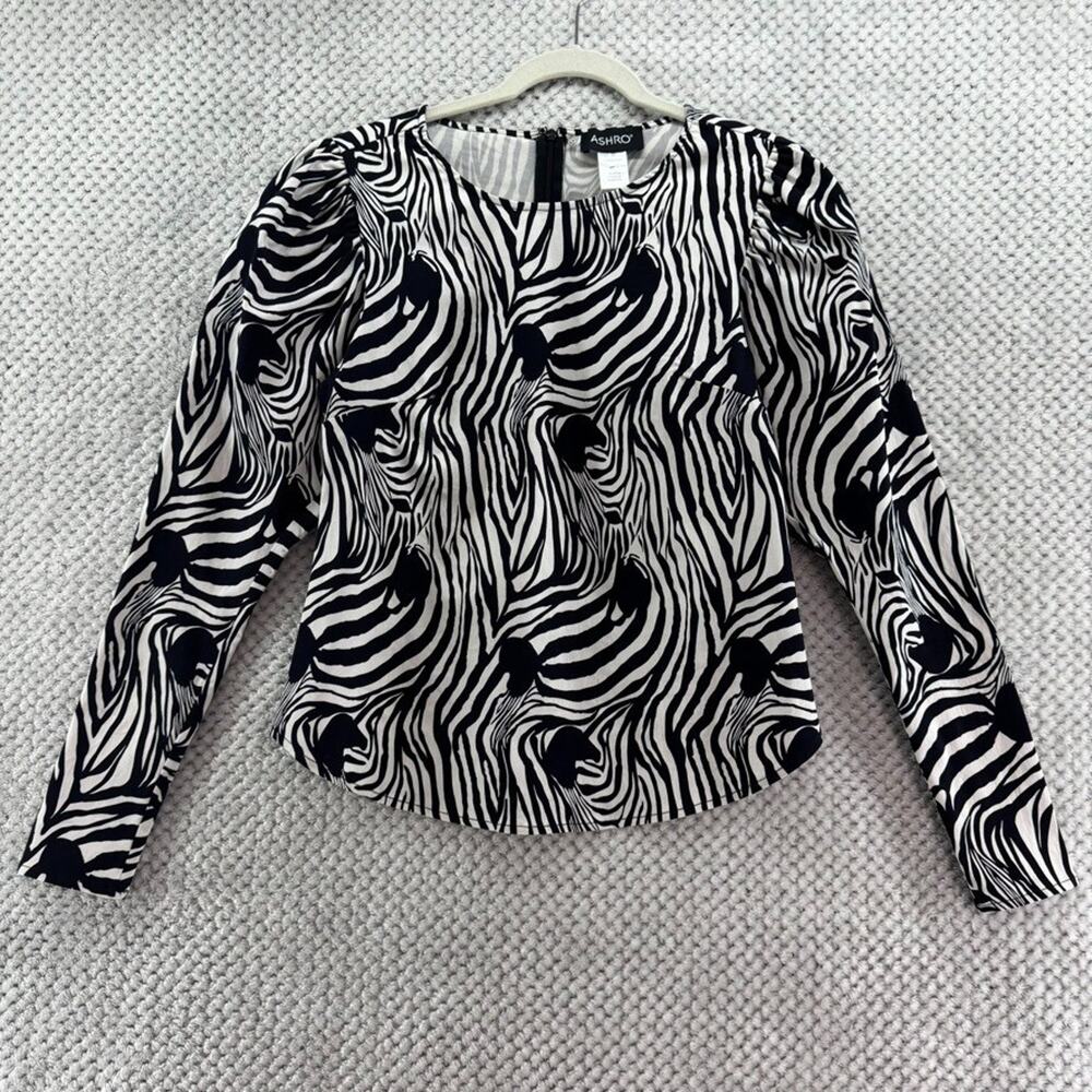 Ashro Top Womens S Black White Zebra Abstract Long Sleeves Boat Neck Zip Close
